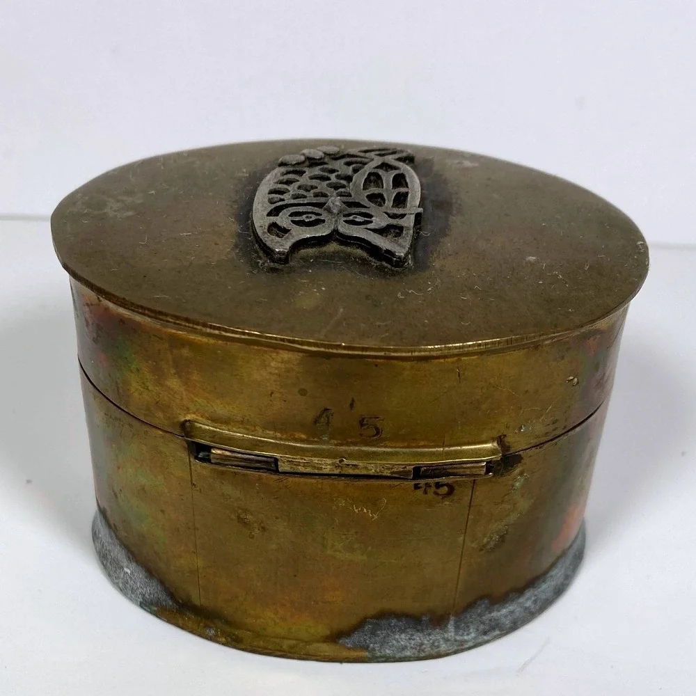 Vintage Brass Oval Trinket Box Filigree Owl Hinged Lid Patinated Rustic Decor
